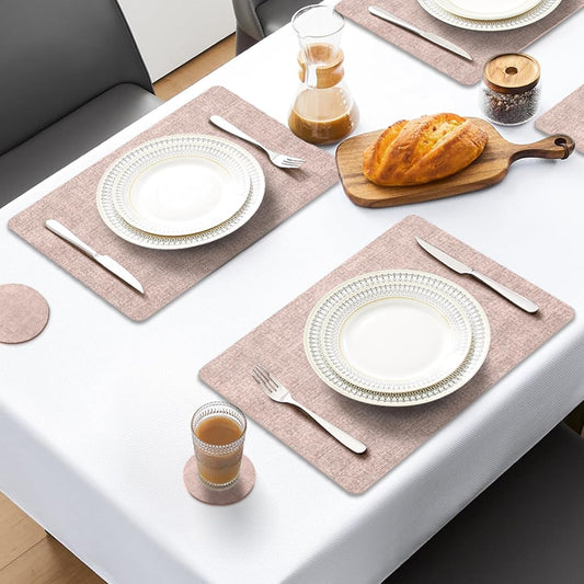 MOSAYT Faux Leather Placemats Set of 4, Heat Resistant Vinyl Place Mats with Coasters, Wipeable Washable Waterproof Oil Proof Table Mats for Kitchen Dining Indoor Outdoor, 12" x 18", Pink