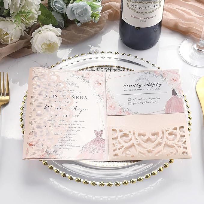 AdasBridal 50PCS Laser Cut Invitations Pink Wedding Invitation with Envelopes and Rsvp Cards Blank Inserts Personalized Your Party Invites for Quinceañera Wedding Birthday Girls Baby Shower