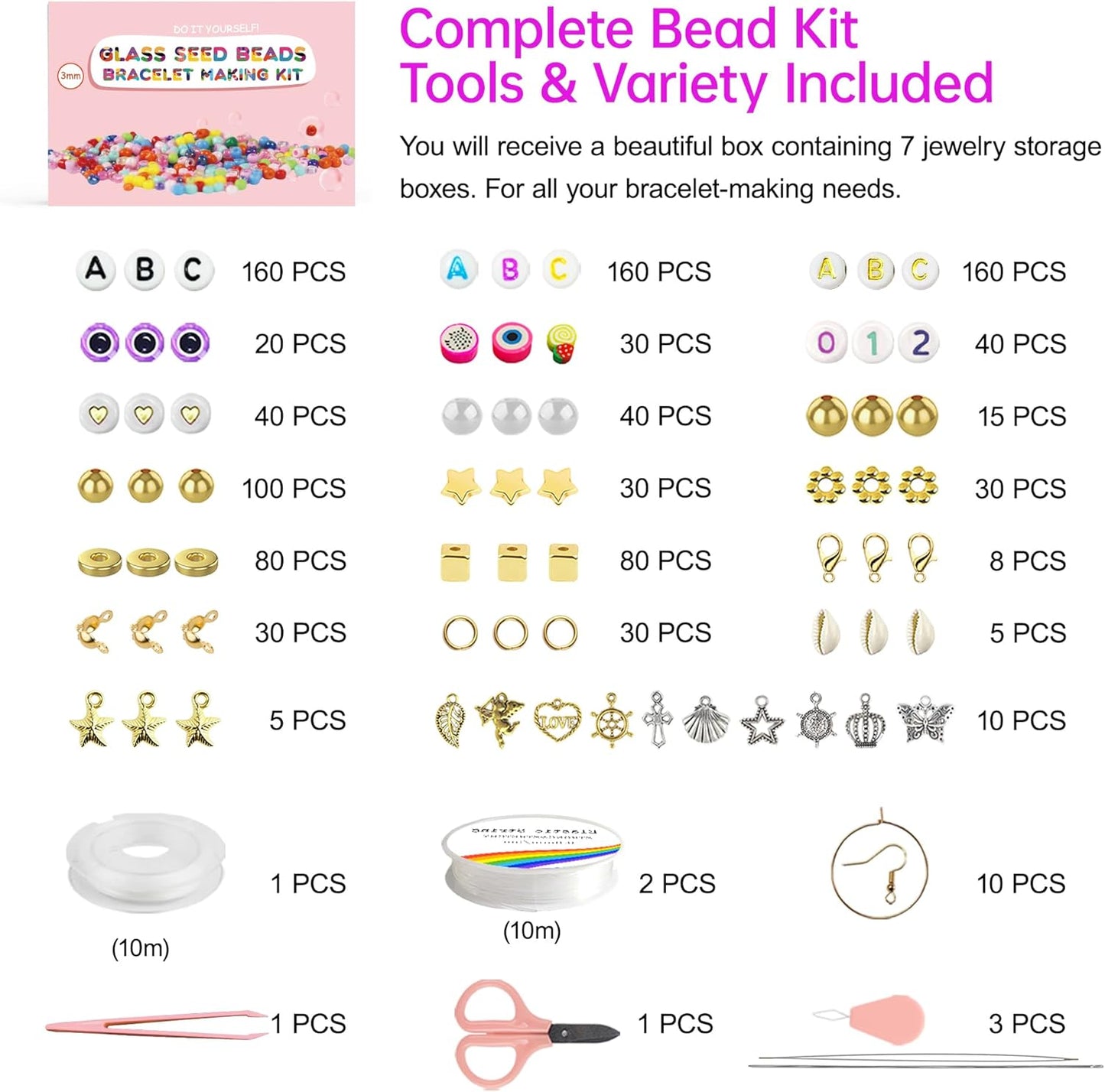 Redtwo 3mm 44500pcs Glass Seed Beads Kit, 7 Boxes 144 Colors Small Beads for Bracelets, Friendship Bracelet Kit with Charms and Letters