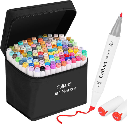 Caliart Alcohol Based Markers, 121 Colors Art Marker Set Chisel & Fine Dual Tip, Permanent Colored Pens for Adults Coloring Book Artists Illustration Sketch Drawing Supplies Gifts