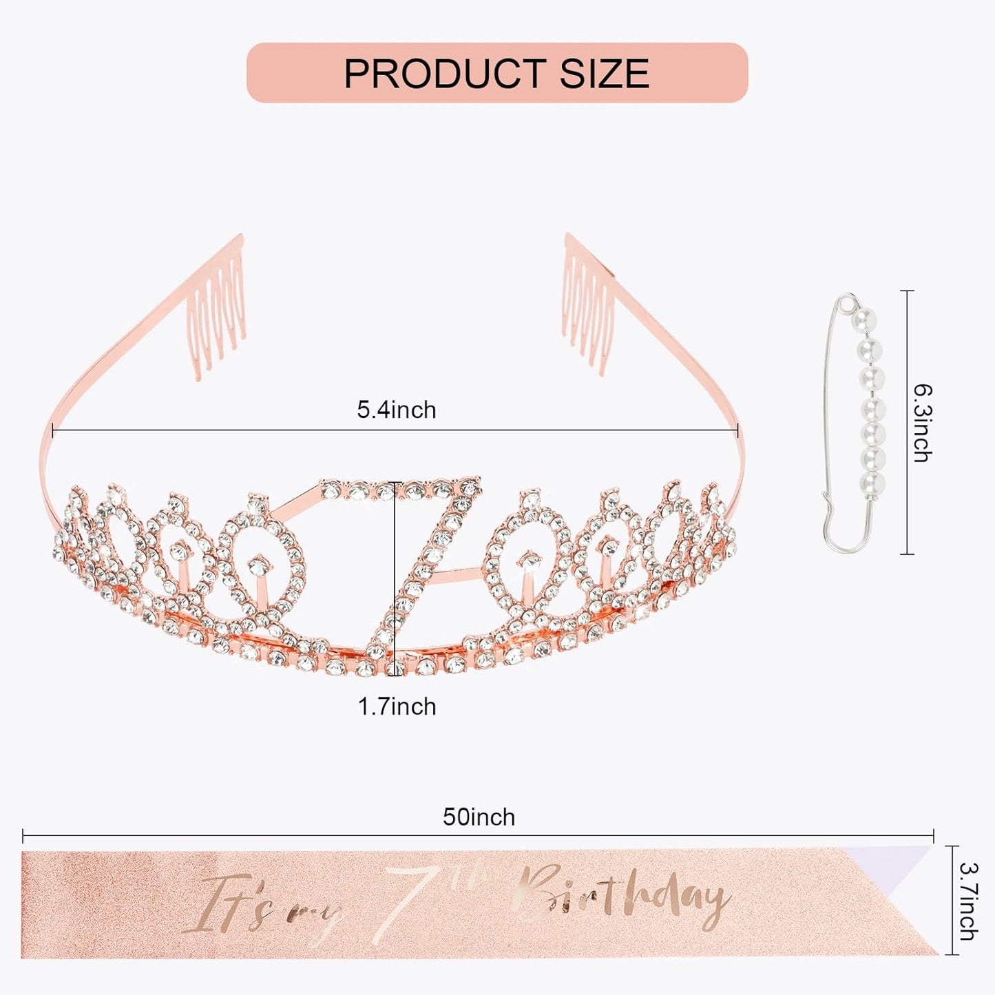 CIEHER 7th Birthday Crown + Sash + Pearl Pin Set, Girls' 7th Birthday Gifts and Happy Party Decorations