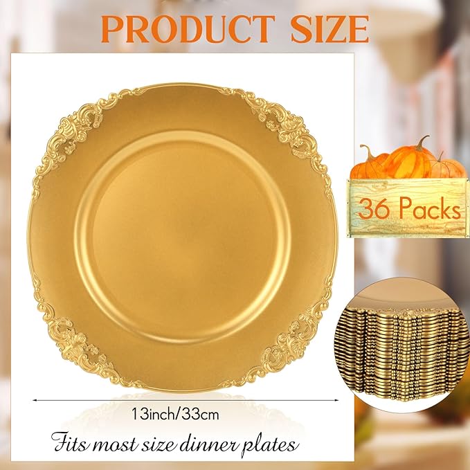 Jinei 36 Pack Gold Charger Plates 13 Inch Plastic Embossed Round Charger Plates Wedding Table Decoration Reusable Dinner Plate Tray for Birthday Party Holiday Event