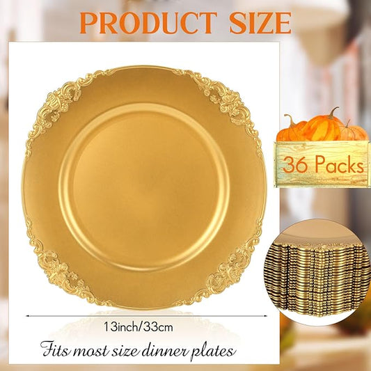 Jinei 36 Pack Gold Charger Plates 13 Inch Plastic Embossed Round Charger Plates Wedding Table Decoration Reusable Dinner Plate Tray for Birthday Party Holiday Event