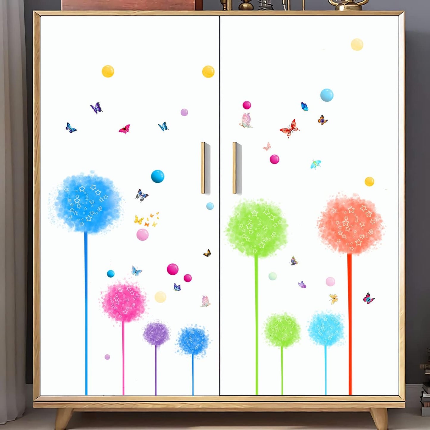 2 Set Dandelion Wildflower Wall Decals Art, Wall Art Stickers Peel and Stick Floral Butterflies Flying Decor for Girls Kids Women Baby Nursery Room Bedroom Bathroom Sofa Backdrop TV(Colorful)