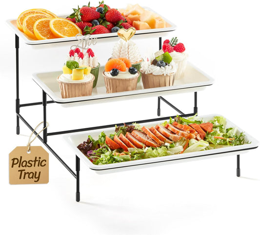 Lifewit 3 Tier Serving Tray, 12" x 6.5" White Plastic Tiered Food Serving Platters, Tiered Tray Stand for Party with Black Collapsible Metal Stand, Dessert Display Stands for Cookies, Crackers