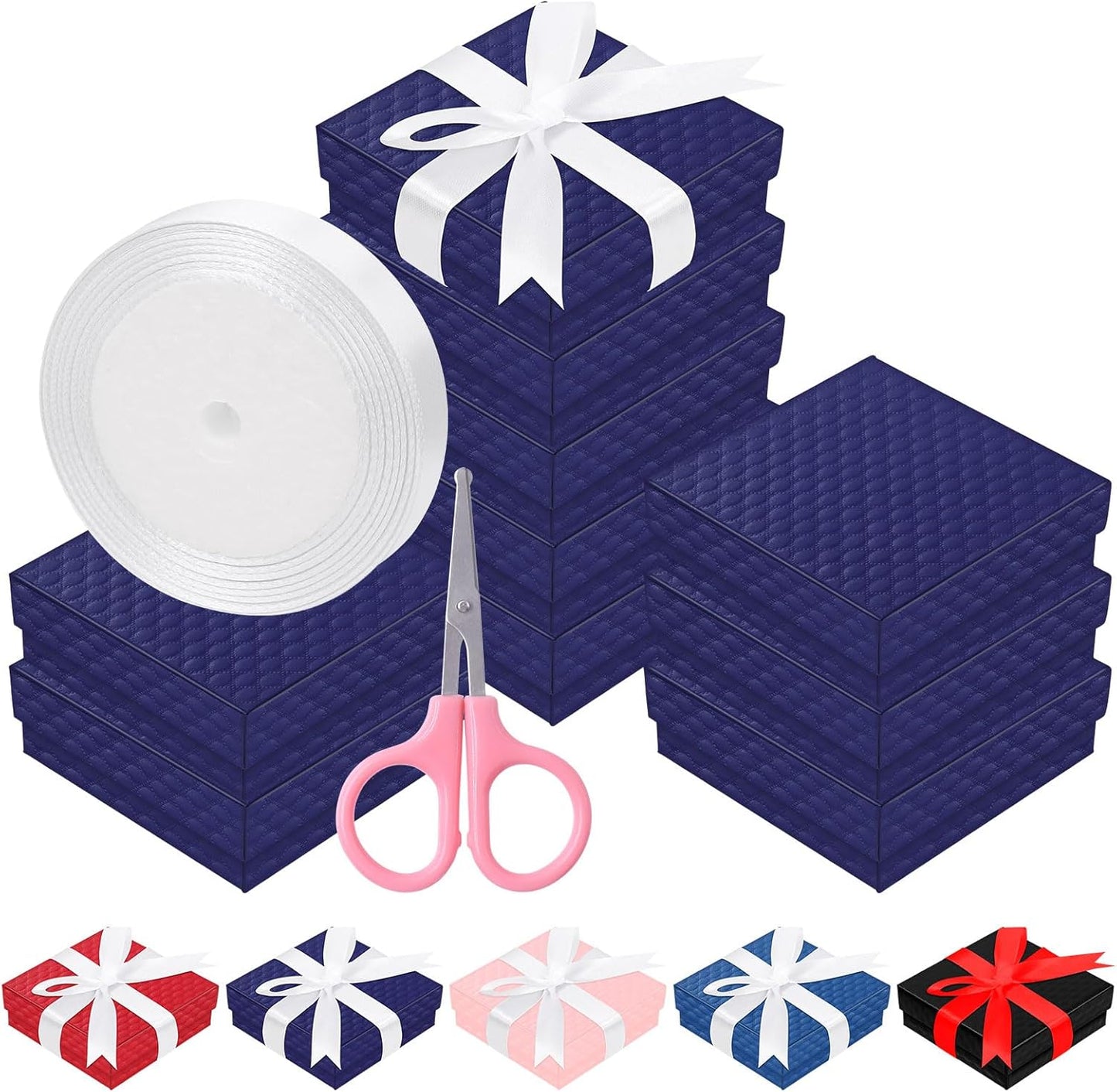 12Pcs 9x9x3cm / 3.5x3.5x1 Inch Dark Blue Cardboard Jewelry Gift Boxes with Stain Ribbon and Scissor, Small Gift Box with Lid for Necklaces, Rings, Bracelets, Earrings, Pendant, Jewelry