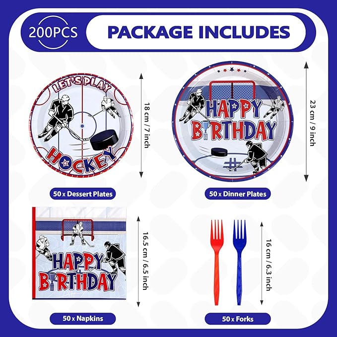 Grencian 200Pcs Hockey Party Supplies Ice Hockey Birthday Party Set Including Plates and Napkins Disposable for Boys Kids Birthday Hockey Fans Sports Games Themed Par-ty Decoration Serves 50