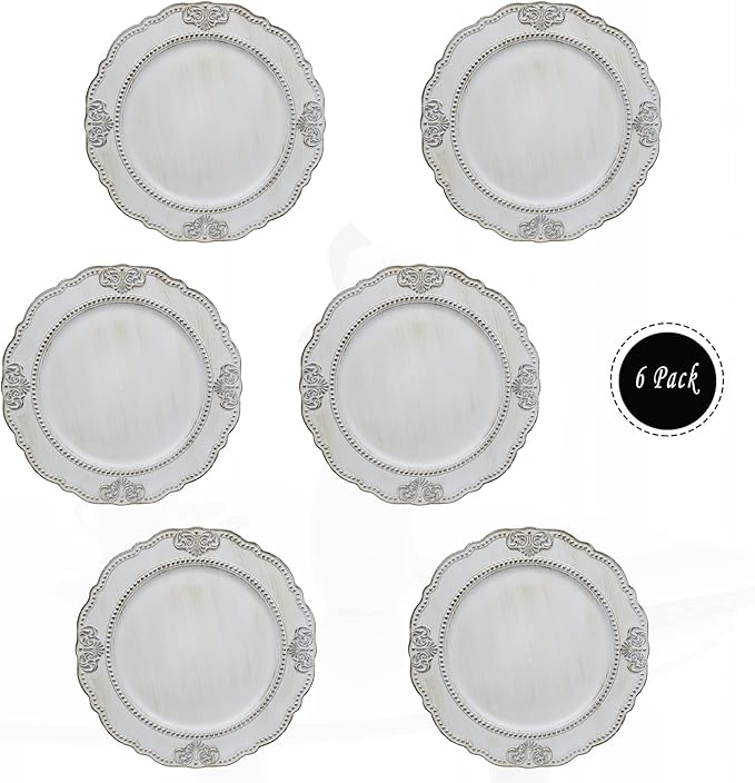 Spsyrine Antique White Charger Plates, Set of 6 Embossed Baroque Chargers for Dinner Plates, Wedding, Party