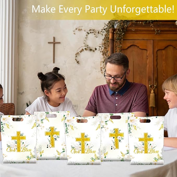 Falueqg Baptism Party Favor Bags - Bulk First Communion Favors for Guests Reusable Treat Bag, Baptism Party Goodie Suprise Pinata Bags for Candy Cookies Popcorn (50 Pcs)