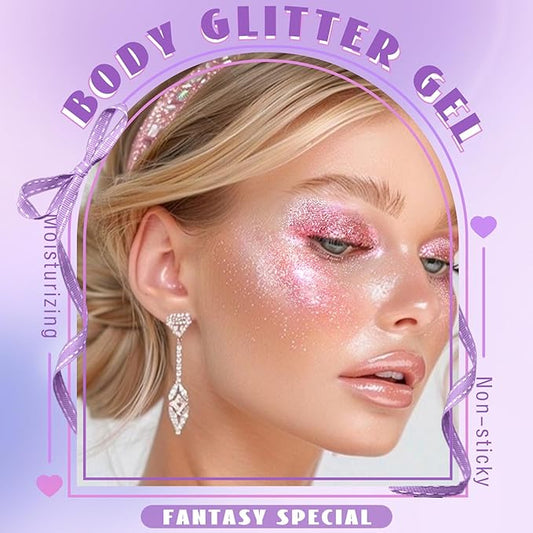 HOSAILY Roll-on Holographic Body Glitter Gel for Face Hair, Chameleon Color Changing Glitter Gel Under Light, Chunky Mermaid Sequins Festival Party Rave Accessories Shimmer Makeup (Pink)