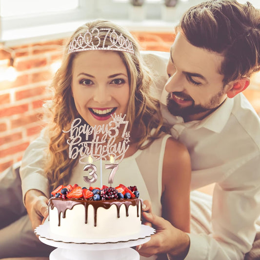 37th Birthday Decorations for Women Including Birthday Sash, Tiara/Crown, Numeral Candles and Cake Topper, 37 Year Old Gifts for Women, Rose Gold Party Decor Supplies