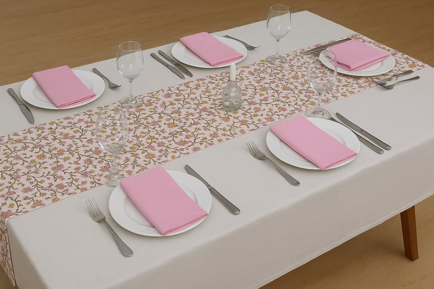 Touchstone Indtresor Indian Heritage Fabric Cotton Table Linen Reversible Set Runner Napkins Mats in Pink