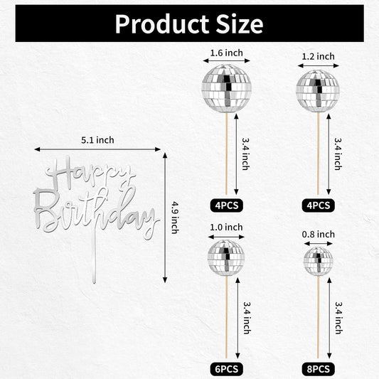 23 Pcs Disco Ball Cake Toppers, Happy Birthday Cupcake Picks 1970s Disco Theme Decorations for Birthday Party Favor