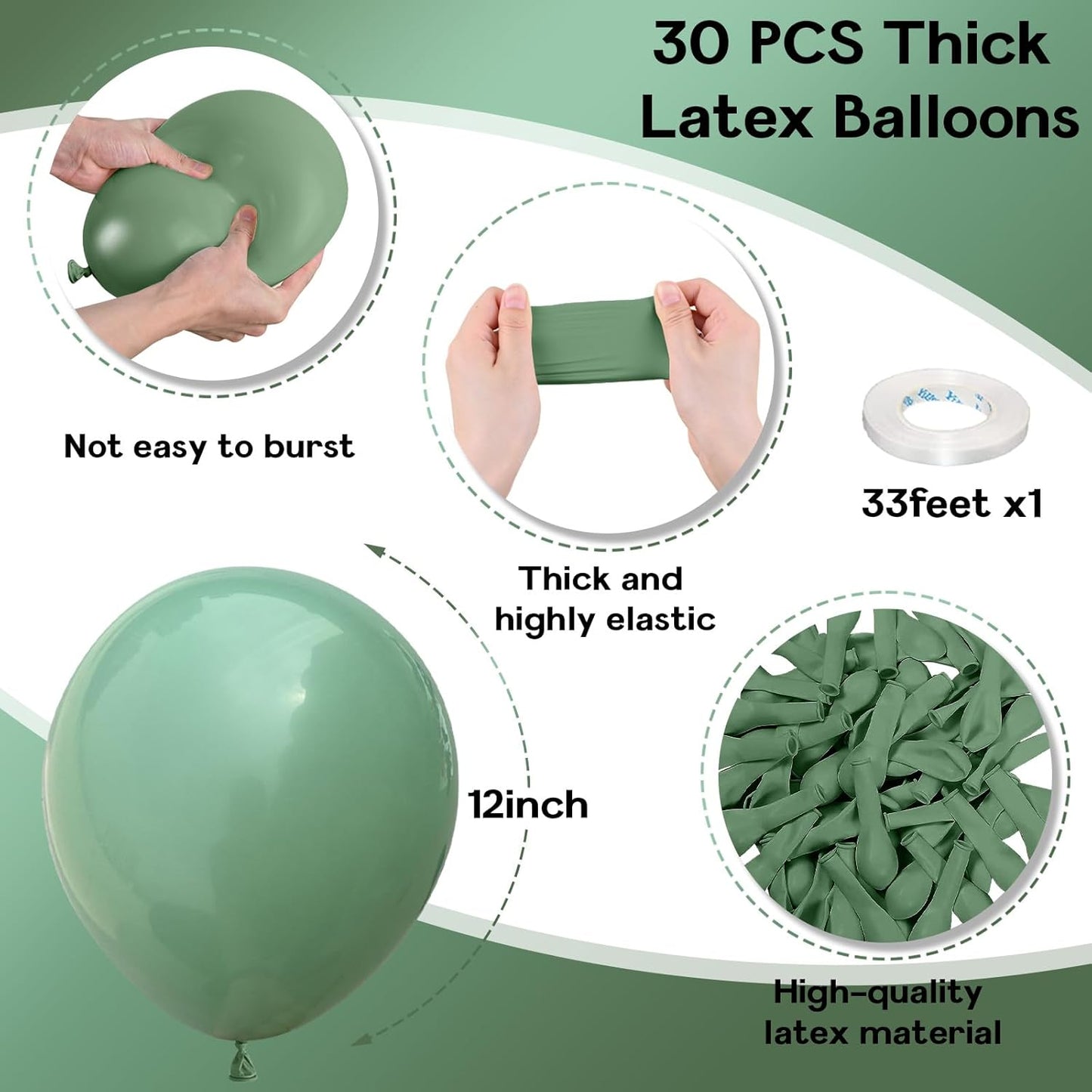 Sage Green Balloons, 30 Pcs 12 Inch Eucalyptus Olive Vintage Green Helium Latex Balloons for Birthday Boho Baby Shower Wedding Party Decorations