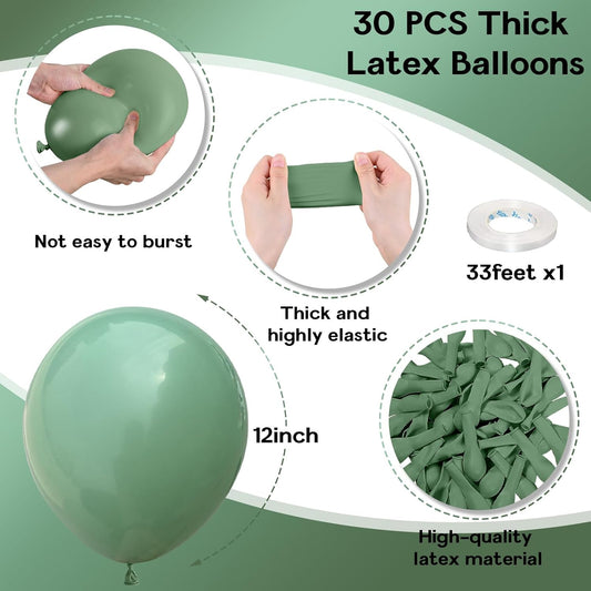 Sage Green Balloons, 30 Pcs 12 Inch Eucalyptus Olive Vintage Green Helium Latex Balloons for Birthday Boho Baby Shower Wedding Party Decorations