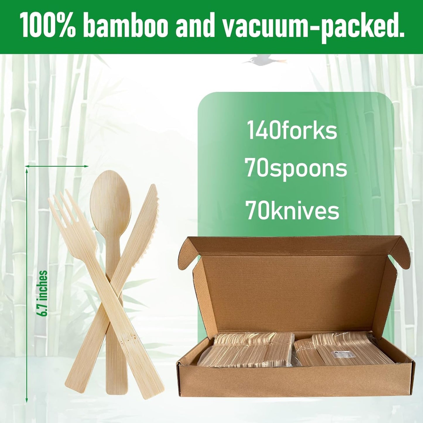 Disposable Bamboo Cutlery (140forks 70spoons 70 knives) Reusable 100% Compostable Biodegradable Sustainable flatware Wooden Plastic Alternatives Durable utensils Parties Picnics Weddings