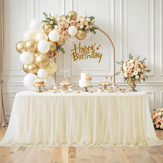 Suppromo 9ft Champagne Tulle Table Skirts for Rectangle Tables or Round Tables Champagne Tutu Table Cloth Cover for Wedding Birthday Party Baby Shower Dessert Cake Table Decor