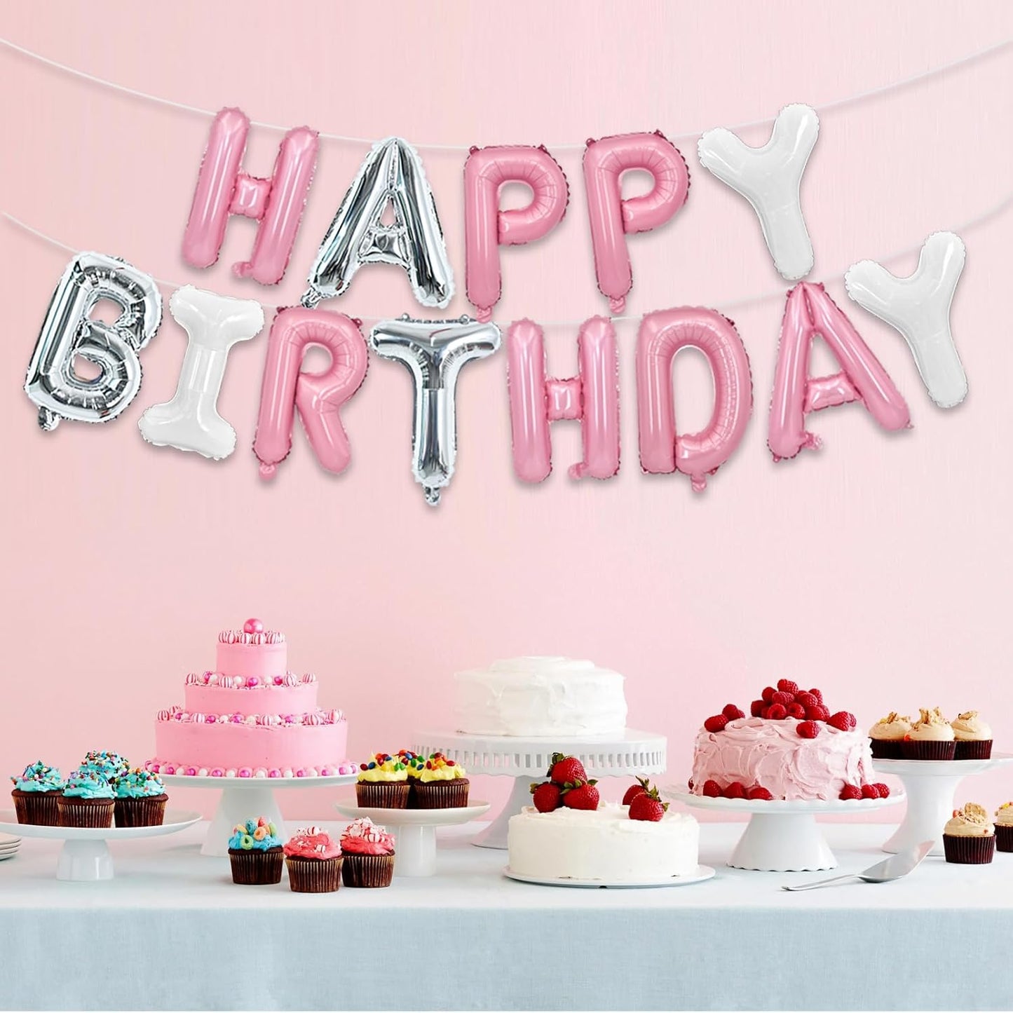 TONIFUL Happy Birthday Balloons Banner 16 Inch Mylar Foil Letters Birthday Sign Reusable for Girls Boys Kids & Adults Birthday Party Decorations Supplies（Pink Silver White）