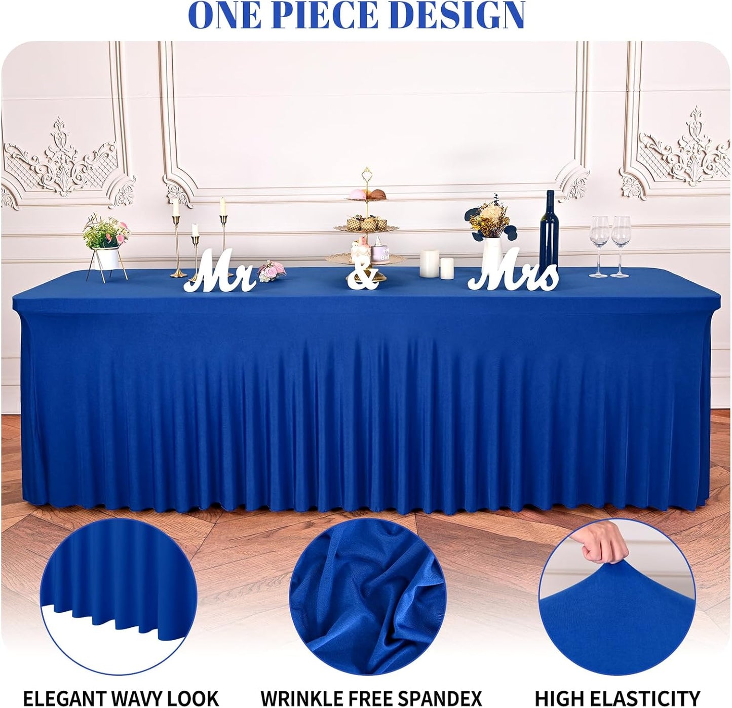 2 Packs Royal Blue Stretch Table Skirts for 8 Foot Rectangle Table, Washable Spandex Stretch Tablecloths with Skirt, Wrinkle Resistant Fitted Tablecover for Wedding Party Banquet