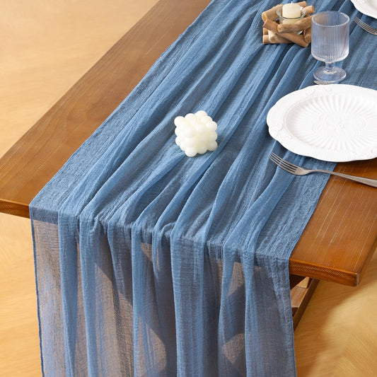 Socomi Dusty Blue Fall Thanksgiving Gauze Cheesecloth Table Runner 120 Inch Rustic Boho Cheese Cloth Runner for Wedding Party Baby Bridal Shower Centerpiece Decoration Holiday Home Decorations