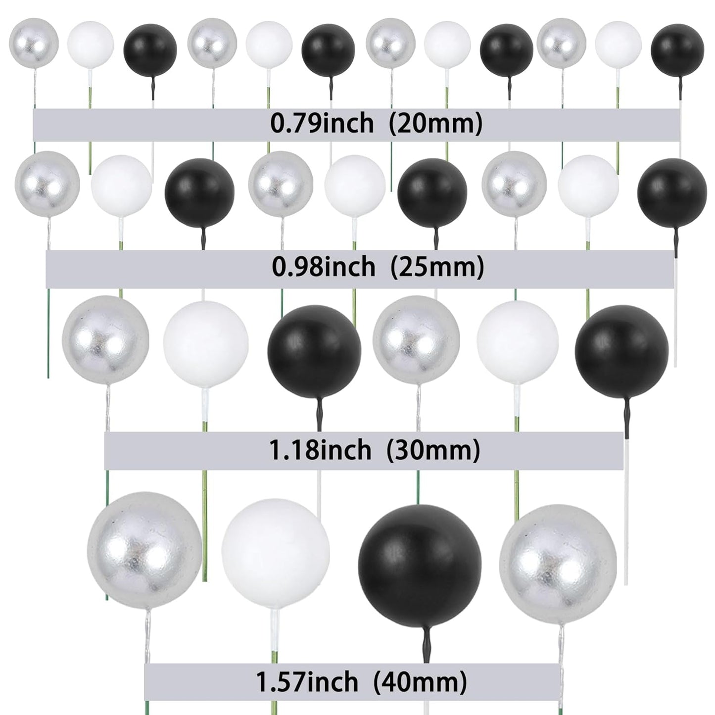 Gyufise 30Pcs Balls Cake Toppers Ball Picks Ball Shaped Cupcake Toppers Foam Balls Cake Topper Mini Balloons Cake Decorations for Wedding Baby Shower Birthday Party Supplies Black White Silver