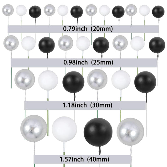 Gyufise 30Pcs Balls Cake Toppers Ball Picks Ball Shaped Cupcake Toppers Foam Balls Cake Topper Mini Balloons Cake Decorations for Wedding Baby Shower Birthday Party Supplies Black White Silver