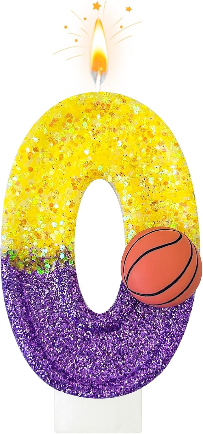 HXOUSE Basketball Number 0 Birthday Candles - Purple Gold Birthday Candles for Cake, 0 Candle for Basketball Theme Cake Topper, Boys Sport Party Decorations Gifts (No.0)