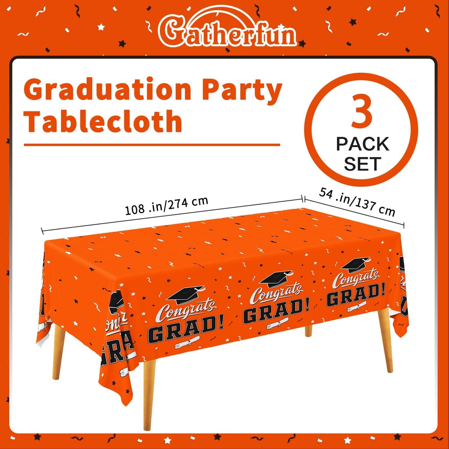 Graduation Party Decorations, Gongrats Grad Tablecover for Graduation Party Supplies, 3 pcs Orange Table Cloths, 54"x108"