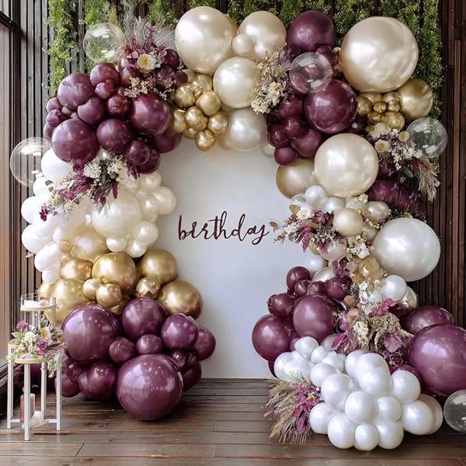 Dark Purple White Balloon Arch Kit, Double Stuffed Plum Mauve Burgundy Pearl White Sand Gold Balloon Garland with Clear Bobo Latex for Birthday Baby Shower Wedding Graduation Mothers Day Party Decor