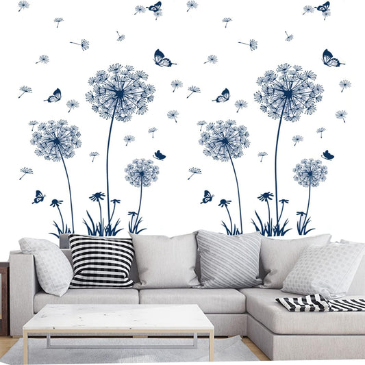 2 Set Dandelion Wall Decals Peel and Stick Blue Dandelion Wall Stickers Large Floral Wall Stickers & Murals Flower Wall Decals for Living Room Bedroom Bathroom Restroom Roommates Vinyl Wall Art