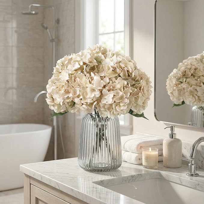 2Bouquets Artificial Fake Flowers Plants Silk Hydrangea Arrangements Wedding Bouquets Decorations Plastic Floral Home Kitchen Garden Party Festival Bar DIY (Ivory White, 5 Flower Heads)