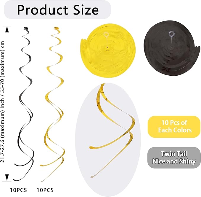 BEISHIDA Black Gold Hanging Swirls Party Decorations Plastic Streamer for Hanging Ornament Decorations, Wedding Birthday Bachelorette Graduation Party Supplies, Pack of 20