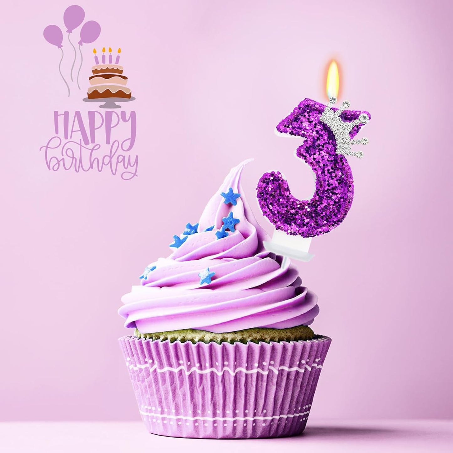 Birthday Candle for Cake, Crown Purple Number Candles, 2.76 inch Cake Topper Decoration for Birthday Party (Number 3)