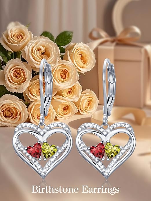 Valentines Day Gifts for Women, Heart Leverback Earrings Double Birthstone Dangle Earrings for Women, Love Jewelry for Her, Anniversary Birthday Gift for Mom Wife Girlfriend