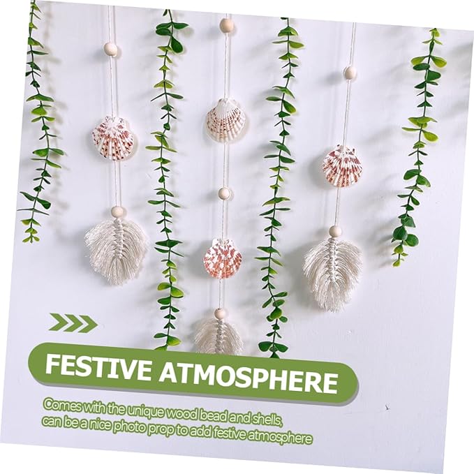 Nordic Style Wooden Bead Garland with Simulated Eucalyptus Leaves and Shells Lightweight Hanging Wall Decor for Bedroom Window Shelf Festive Photo Prop and Home Decoration