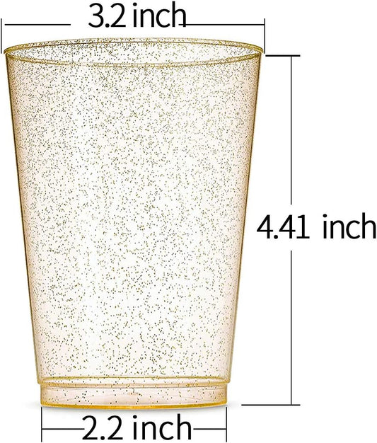 WDF 100pcs 12OZ Gold Cups - Disposable Gold Glitter Plastic Cups - Premium Wedding - Party for Thanksgiving, Christmas