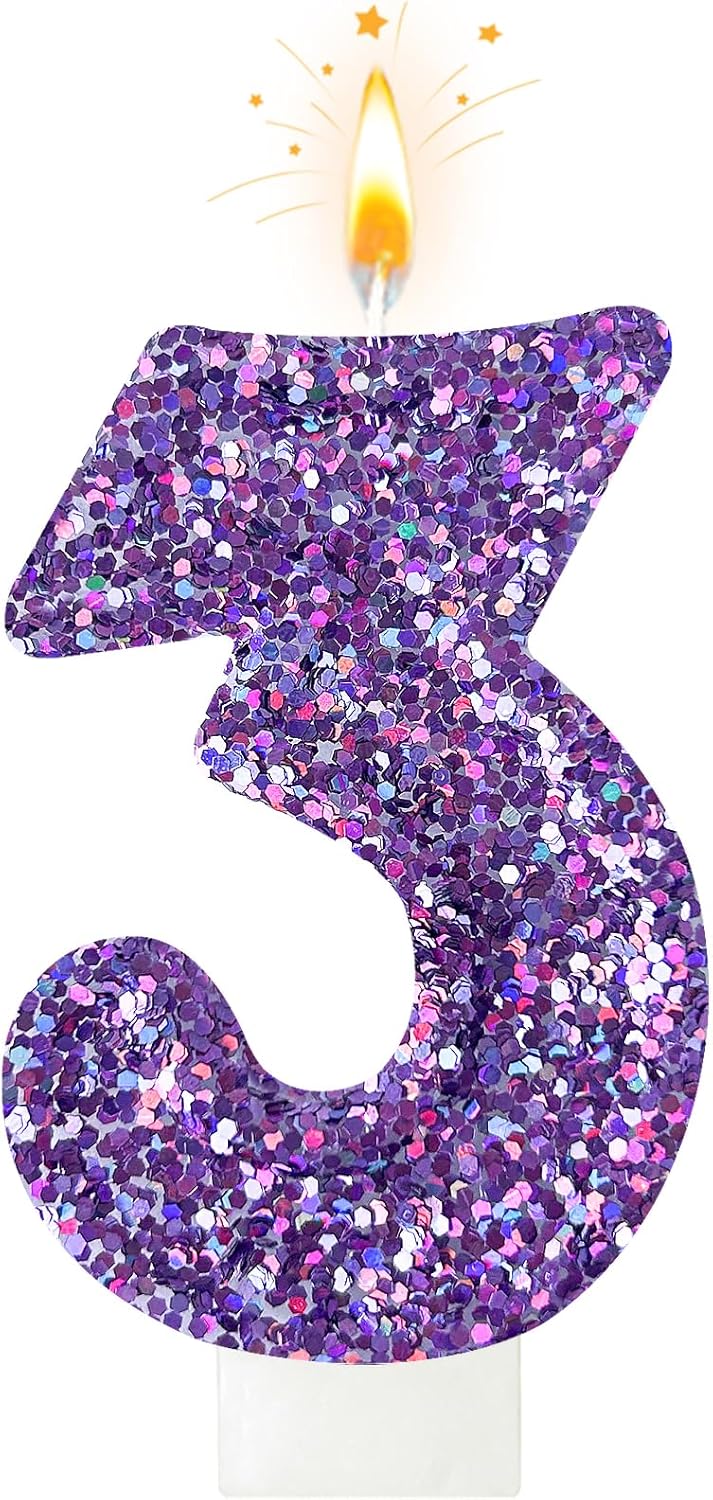 Birthday Number Candles, Glitter Number Candle Cake Decorations with Sequins, Cupcake Decorations for Girls, Women, Party Anniversary Celebrations (Number 3, Purple)