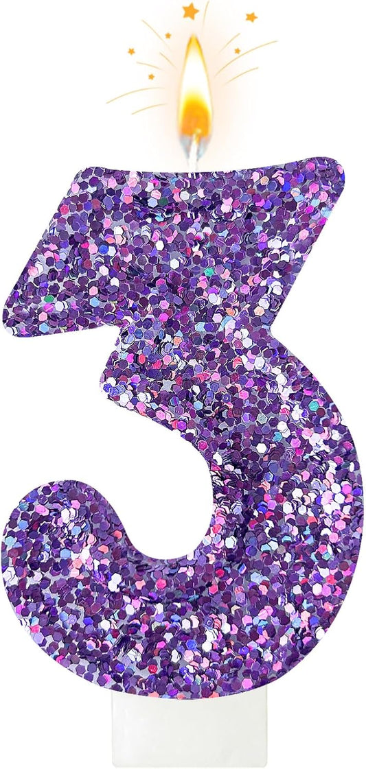Birthday Number Candles, Glitter Number Candle Cake Decorations with Sequins, Cupcake Decorations for Girls, Women, Party Anniversary Celebrations (Number 3, Purple)