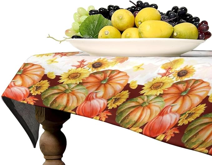 Autumn Thanksgiving Pumpkin Tablecloth, Vintage Retro Maple Leaves Watercolor Yellow Sunflower Fall Harvest Table Cover for Party Picnic Dinner Kitchen 60x90 Inch Rectangle