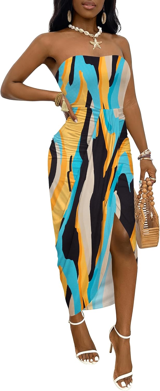 Umenlele Women's Strapless Ruched High Waist Wrap Split Asymmetrical Beach Maxi Long Dress