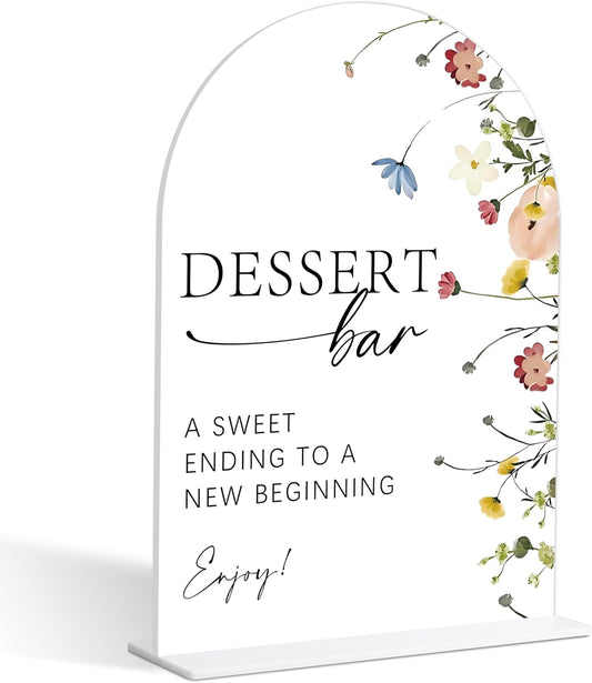 Dessert Table Sign, Flower Style Bridal Shower Sign for Wedding, Engagement, Bridal Shower and Reception, Dessert Table Decorations, Wedding Shower Favors, 6X8 Inch Acrylic Arch Sign with Stand,30