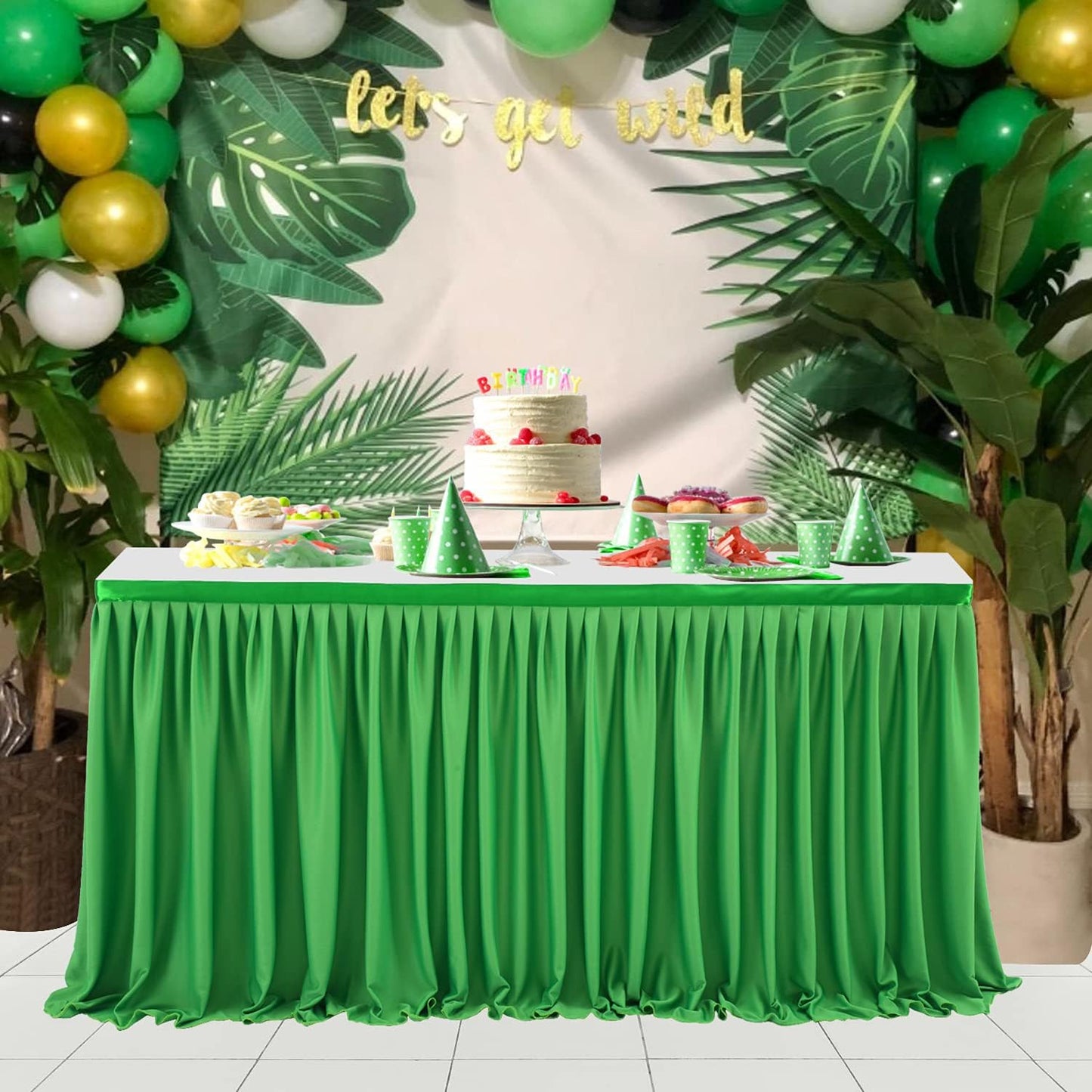 Green Table Skirt for Rectangle Tables 6ft Polyester Table Skirt Desk SKirts Ruffle Table Skirt for Party Birthday Banquet Green Theme Party Wedding Bridal Shower Table Skirt Decorations