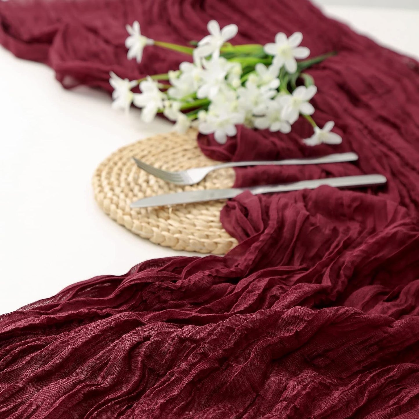 DOLOPL Christmas Table Runner Burgundy Cheesecloth Table Runner 13.3ft Boho Gauze Cheese Cloth Runner Rustic Sheer Runner 160inch Long for Christmas Wedding Bridal Shower Table Decorations