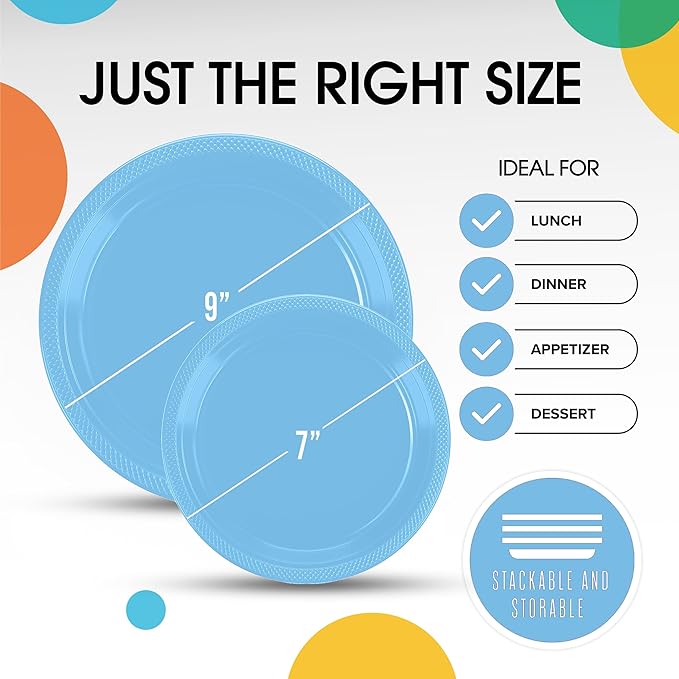 Party Solids Light Blue Plastic Plates For Party Supplies, Light Blue Disposable Plates 100 Pieces - 50-7" & 50-9" Heavy Duty 350 GSM Disposable Dinnerware Sets, Plastic Dinnerware Sets