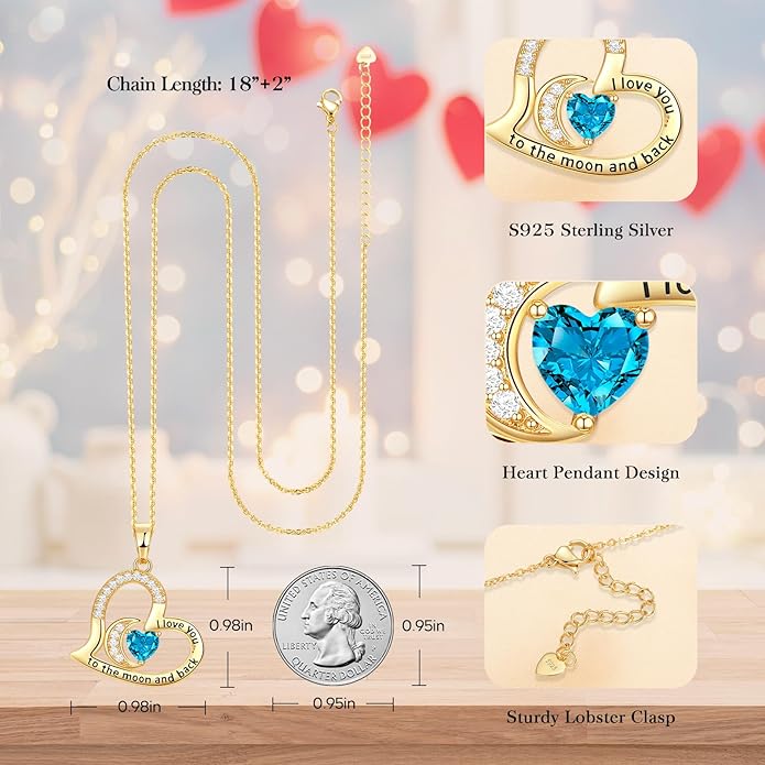 Anniversary Necklace for Women Birthstone Jewelry for Wife Gifts for Her Wife Birthday Gift Ideas Anniversary for Girlfriend I love you to the moon and back Necklaces Filled 925 Sterling Sliver