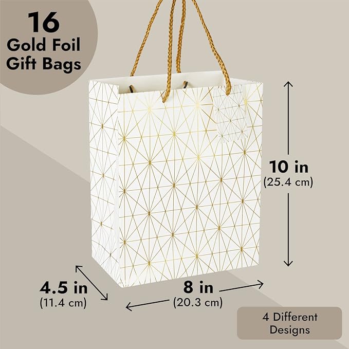 Sparkle and Bash Party Favor Bags - 8" x 10" x 4.5", Medium White & Gold, 16 Pack - Geometric Foil w/Rope Handles & Tags - Reusable Thank You Gift & Mini Gift Bags for Wedding, Bridal & Baby Showers