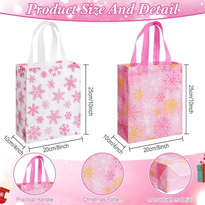 Wovnet 30 Pcs Christmas Bags Bulk Pink Snowflake Winter Merchandise Gift Bags with Handles Reusable Non Woven Tote Shopping Goodie Pouch for Xmas Party Favors 10 x 8 x 4in