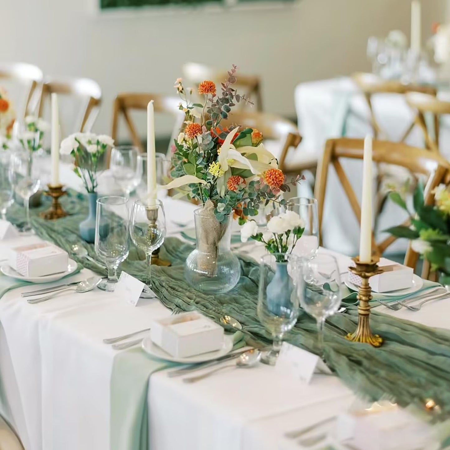 GARIG 6 Sage Green Table Runner for Summer, 10FT Boho Sheer Spring Gauze Cheesecloth Table Runner 35x120Inch for Mother's Day Wedding Party Baby Bridal Shower Birthday Home Decor