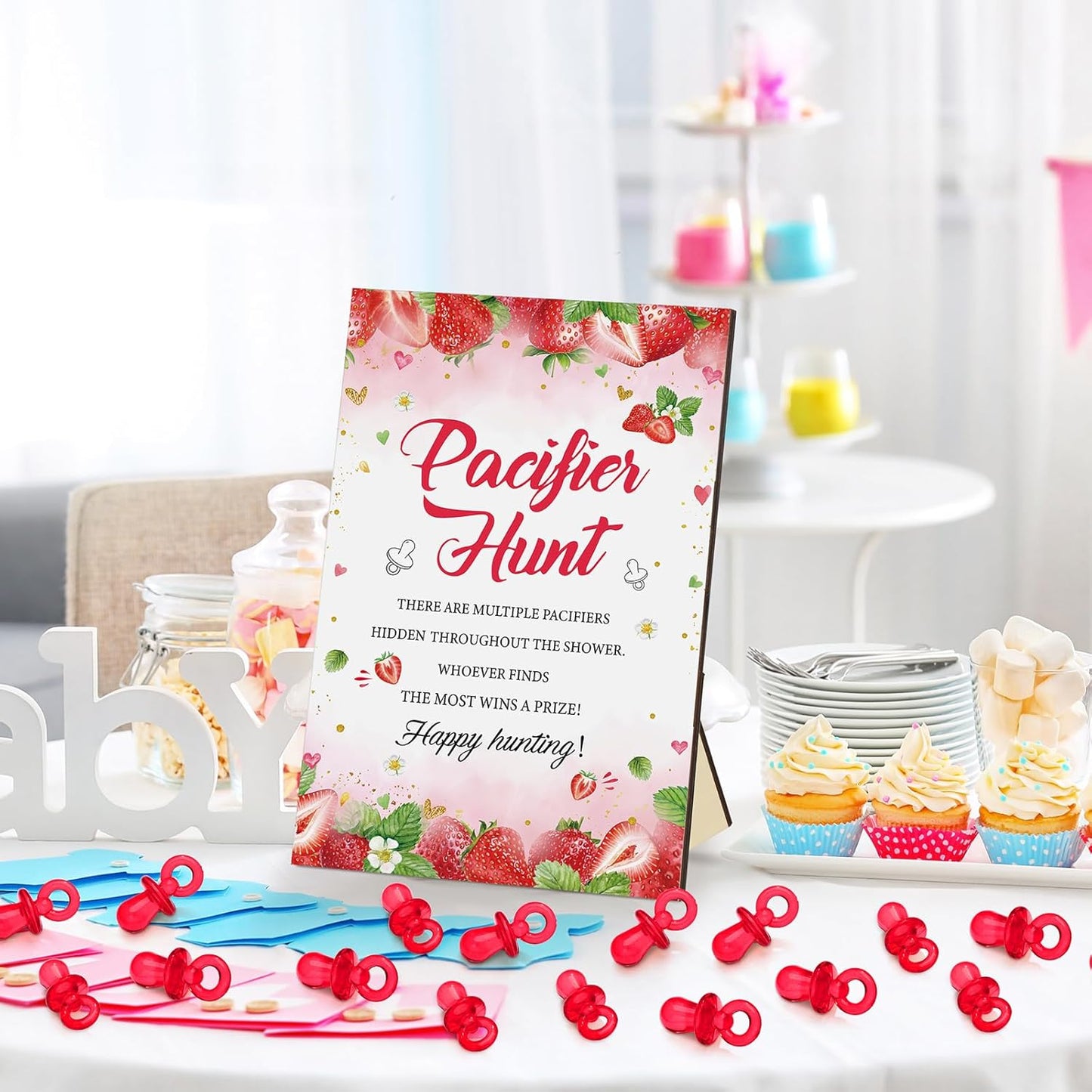 Thyle 51 Pcs Pacifier Hunt Baby Shower Games Include Hunt Sign and 50 Acrylic Pacifiers for Baby Shower Game Decoration Gift Sets Gender Reveal Party Decor(Strawberry)