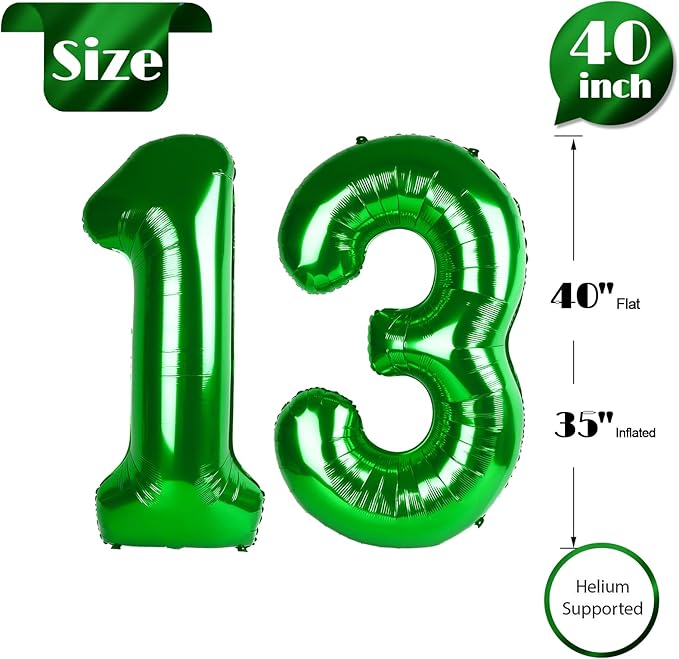 Dark Green Number 13 Balloon 40 Inch, 13th Birthday Party Decorations for Children, Giant 13 Foil Balloon for Party Supplies
